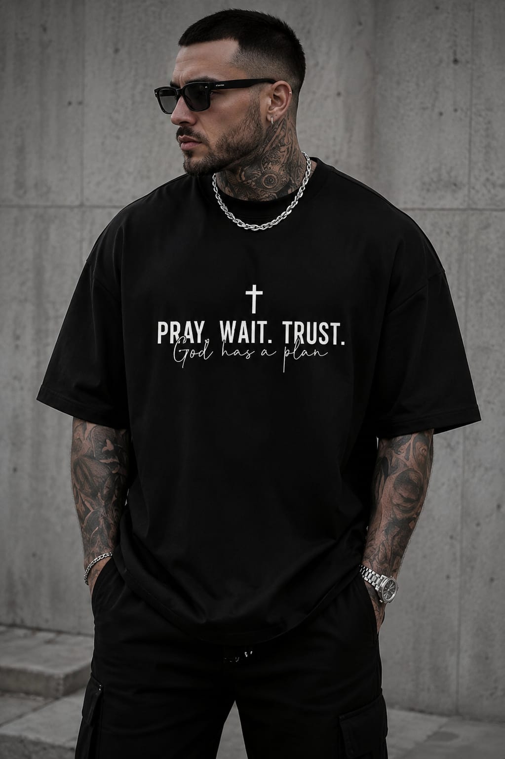 Men's Oversized Printed T-Shirt Styl GOAT PRY WAIT TRUST