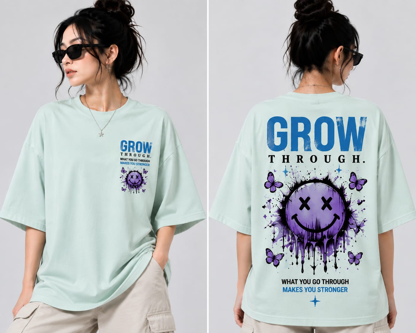 Women’s/Girl's Oversized Printed T-Shirt | Relaxed Fit Casual Light Mint GreenDead Smiley
