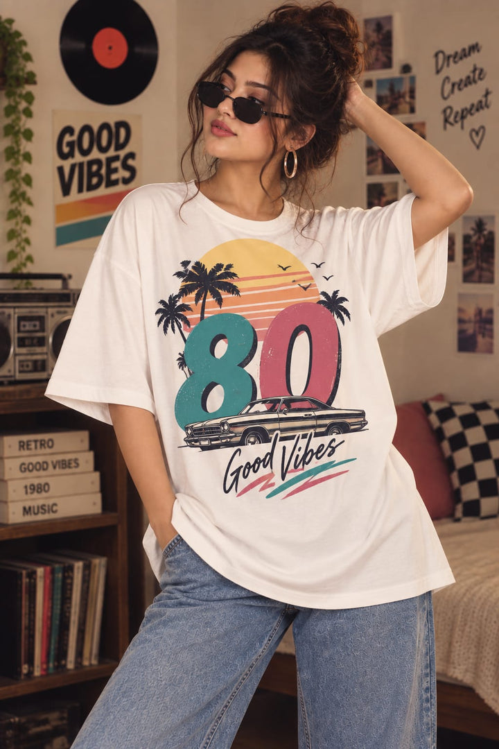 Women’s/Girl's Oversized Printed T-Shirt | Relaxed Fit Casual 80 SUN
