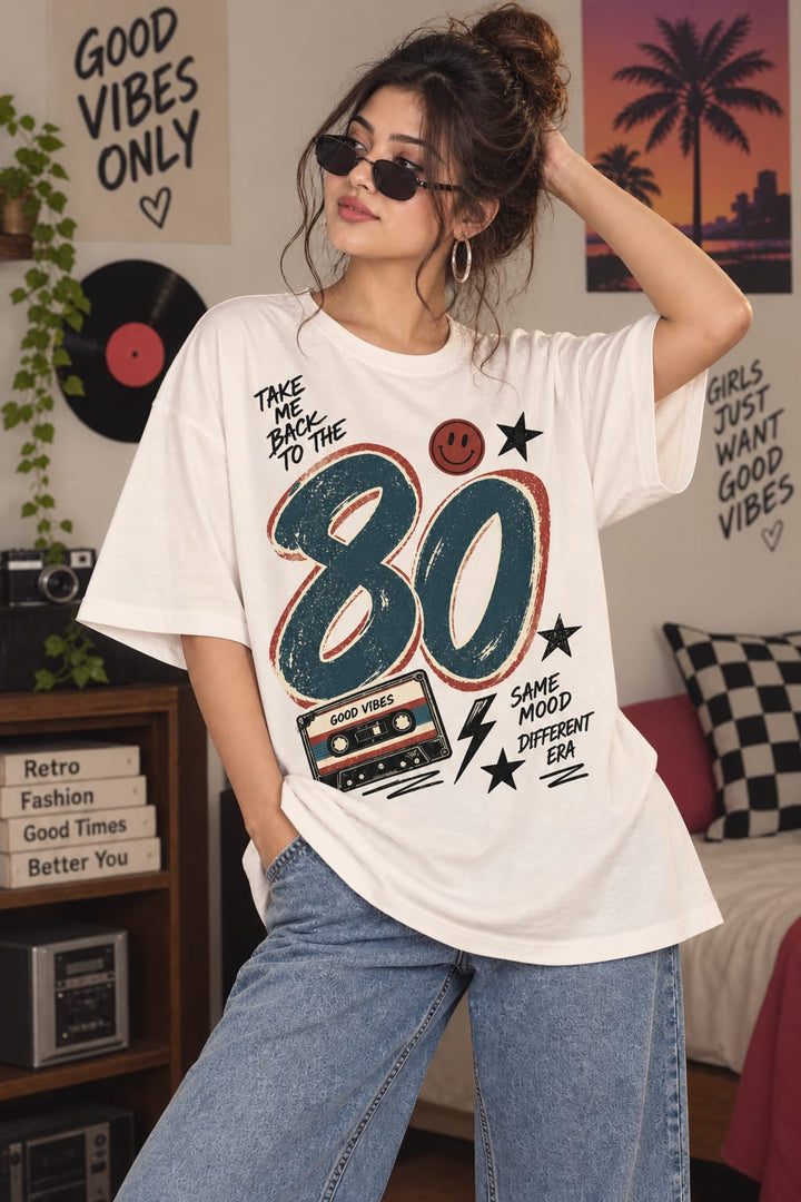 Women’s/Girl's Oversized Printed T-Shirt | Relaxed Fit Casual 80 SMILE