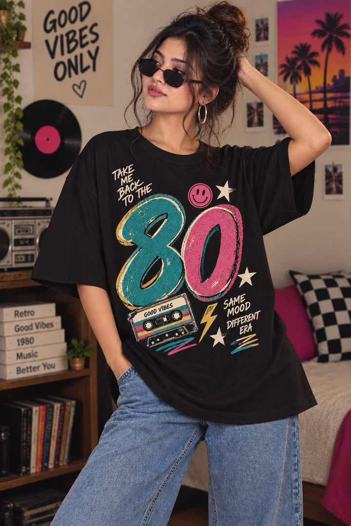 Women’s/Girl's Oversized Printed T-Shirt | Relaxed Fit Casual 80 SMILE